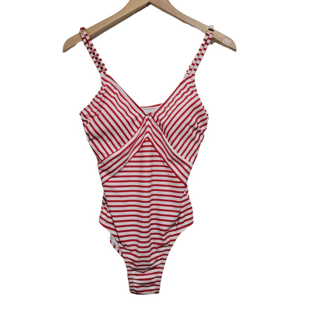 Kona Sol Red White Striped Full Piece Swimsuit Nautical 4th of July Retro Medium